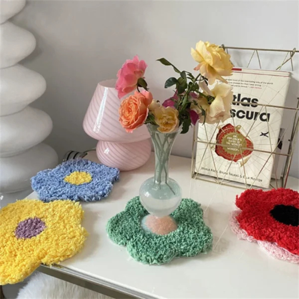 Creative Hand Weave Plush Flower Coaster Heat