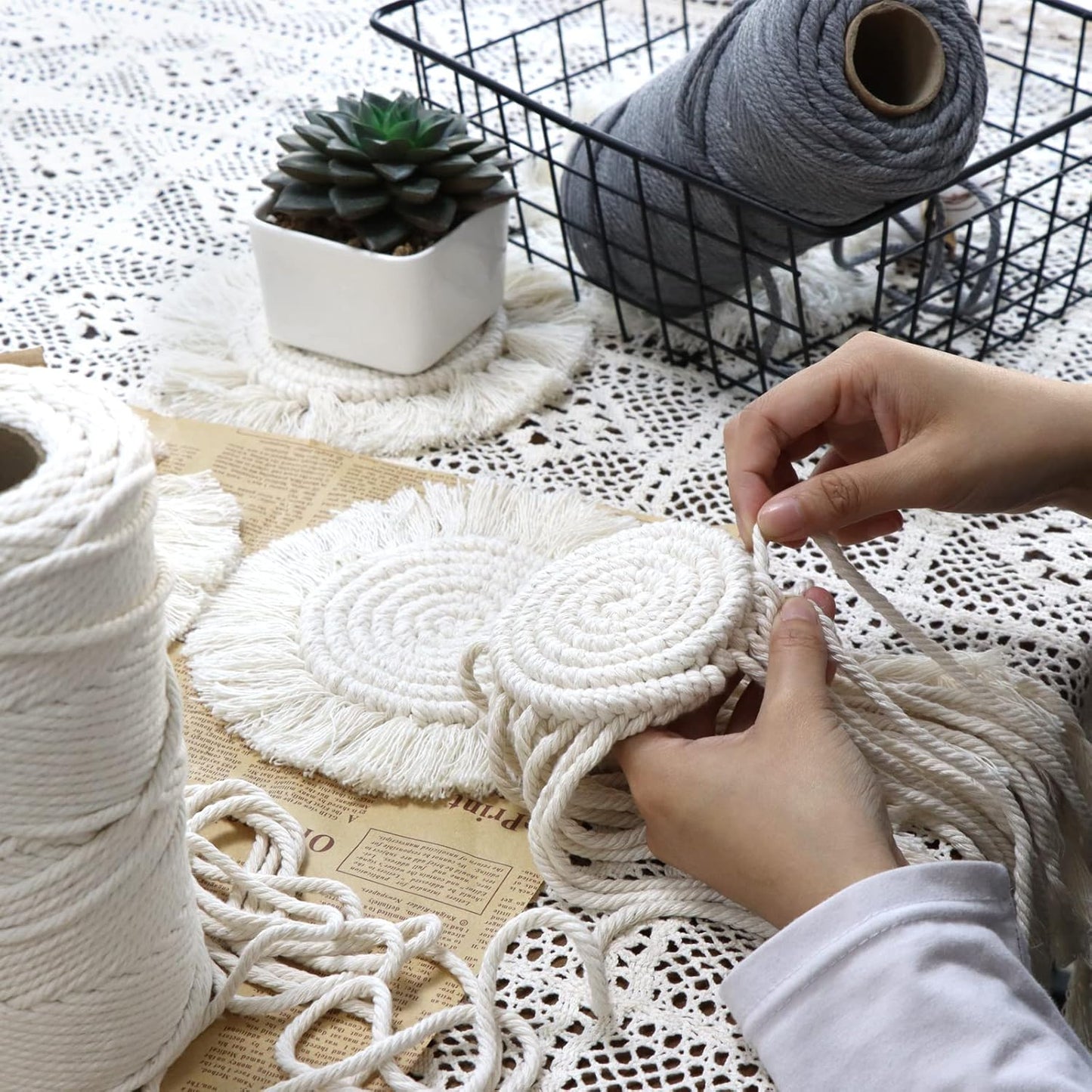 Boho Coasters Set of 2, Cute Drink Coasters Absorbent for Desk, Farmhouse Handmade Woven Macrame Coaster for Mugs Cups
