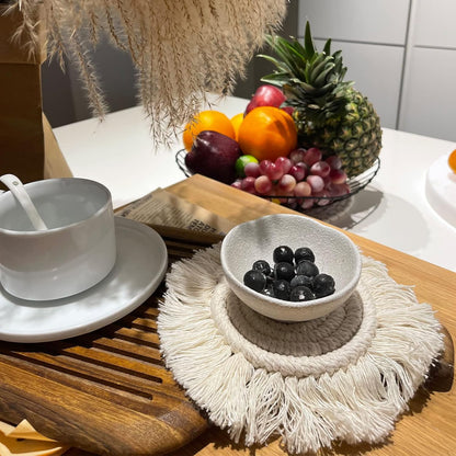 Boho Coasters Set of 2, Cute Drink Coasters Absorbent for Desk, Farmhouse Handmade Woven Macrame Coaster for Mugs Cups